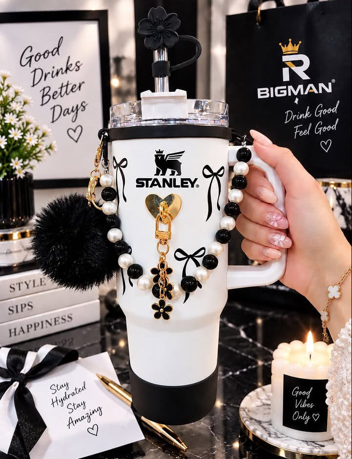 Luxury Black & White Bow-Themed Customized Stanley Tumbler with Pearls & Pom-Pom Charm
