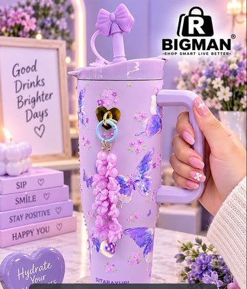Cute & Aesthetic Butterfly-Themed Customized Purple Tumbler with Bow & Charms