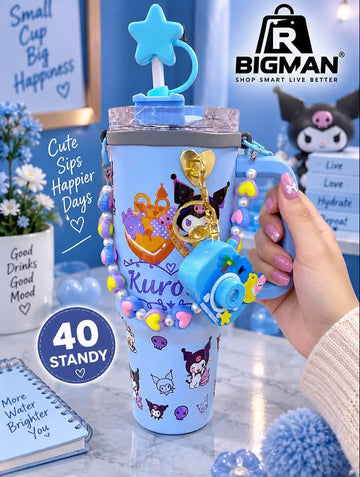 Cute & Aesthetic Kuromi-Themed Customized Blue Tumbler with Star Straw & Charms