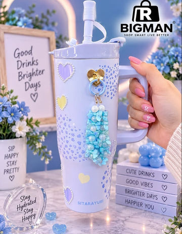 Cute & Aesthetic Customized Blue Tumbler with Straw and Beads Charm