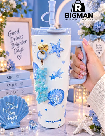 Cute & Aesthetic Ocean-Themed Customized White Tumbler with Blue Charms