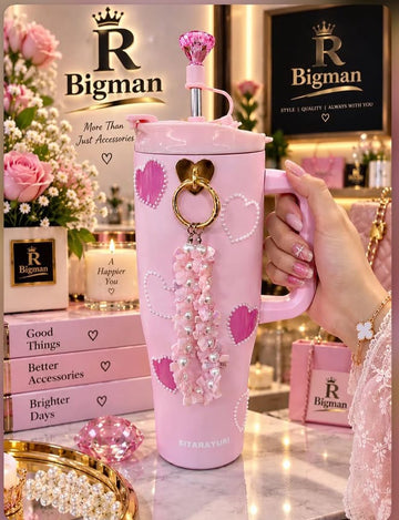 Pink Custom Tumbler with Heart Ring & Diamond Straw Topper