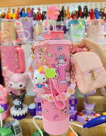 Kawaii Hello Kitty Pink Stanley Tumbler with Mini Pouch, Straw Topper & Accessories Set