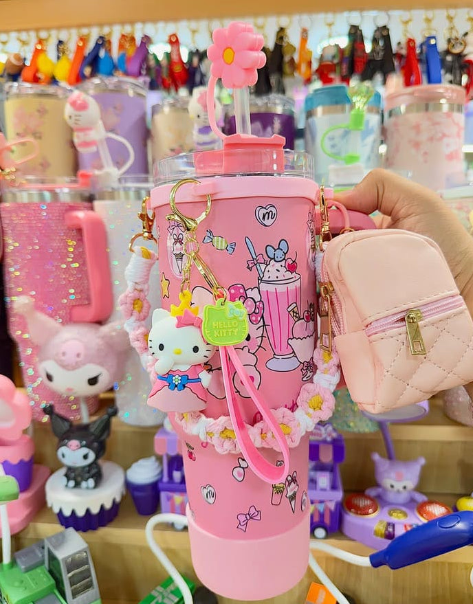 Kawaii Hello Kitty Pink Stanley Tumbler with Mini Pouch, Straw Topper & Accessories Set