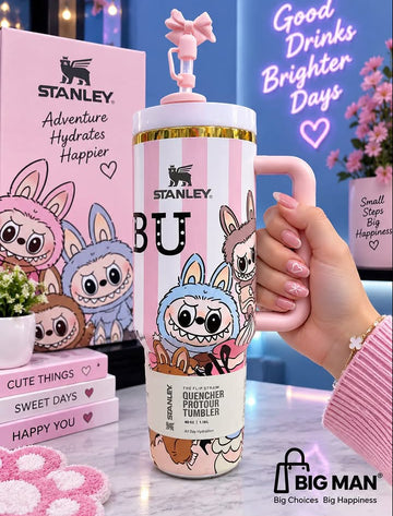 Stanley Adventure Quencher 40oz Tumbler with Pink Bow Straw Topper & Cartoon Print