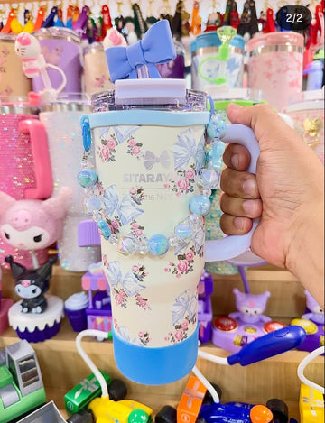 Elegant Floral & Bow Tumbler with Handle, Straw & Beaded Strap