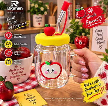 Bigman Apple Glass Cup with Cute Silicone Lid & Straw