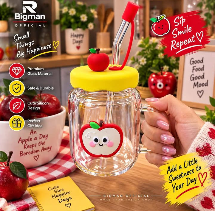 Bigman Apple Glass Cup with Cute Silicone Lid & Straw
