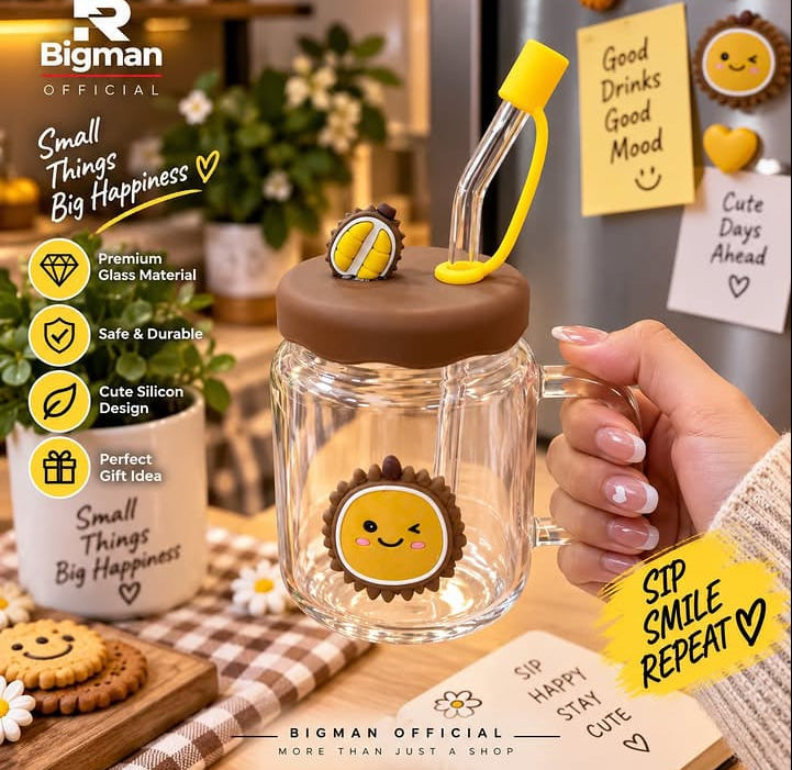Bigman Apple Glass Cup with Cute Silicone Lid & Straw
