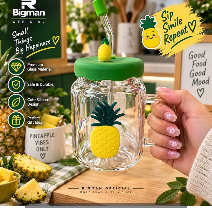 Bigman Apple Glass Cup with Cute Silicone Lid & Straw