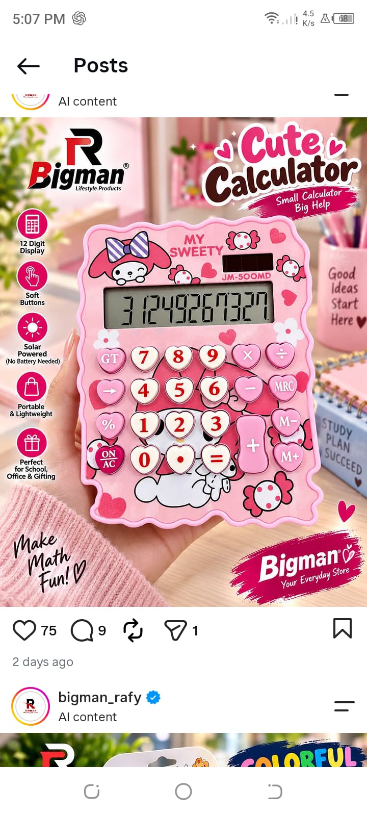 Cute Pink 12-Digit Solar Calculator