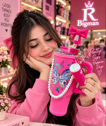 Bigman Pink Butterfly Tumbler with Handle & Straw