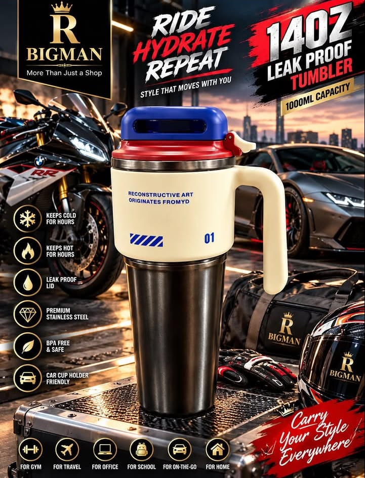 Bigman 1000ML Leak Proof Stainless Steel Tumbler – Premium Hot & Cold Car Cup Holder Friendly Travel Tumbler