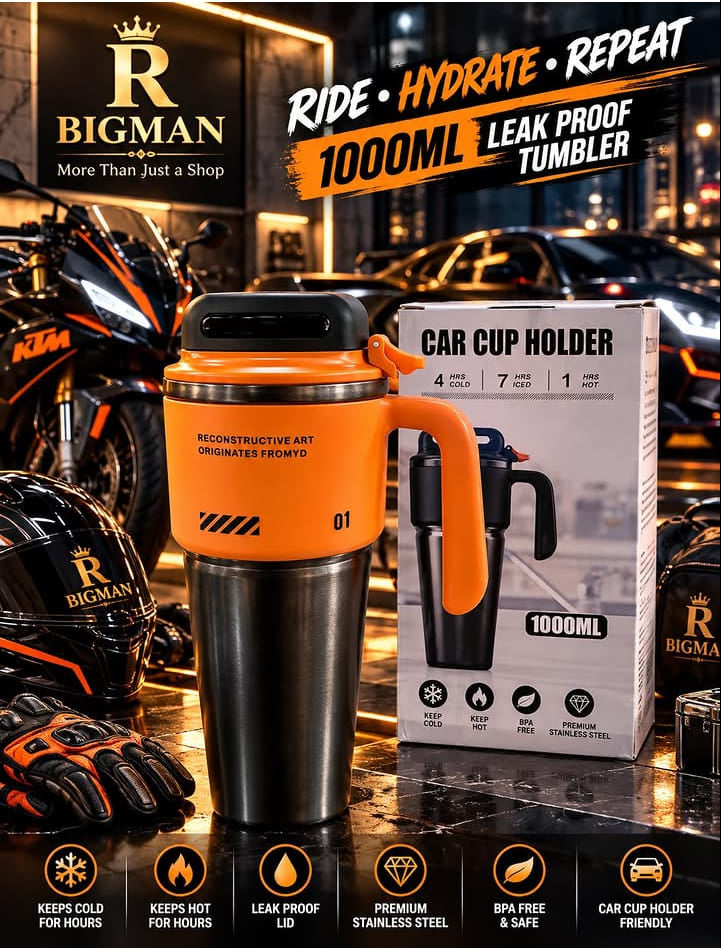 Bigman 1000ML Leak Proof Stainless Steel Tumbler – Premium Hot & Cold Car Cup Holder Friendly Travel Tumbler