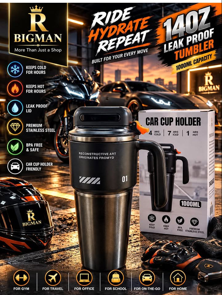 Bigman 1000ML Leak Proof Stainless Steel Tumbler – Premium Hot & Cold Car Cup Holder Friendly Travel Tumbler