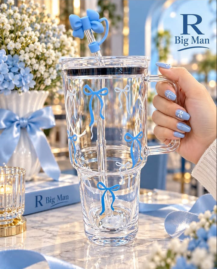Premium Bow Design Glass Tumbler with Handle & Decorative Straw