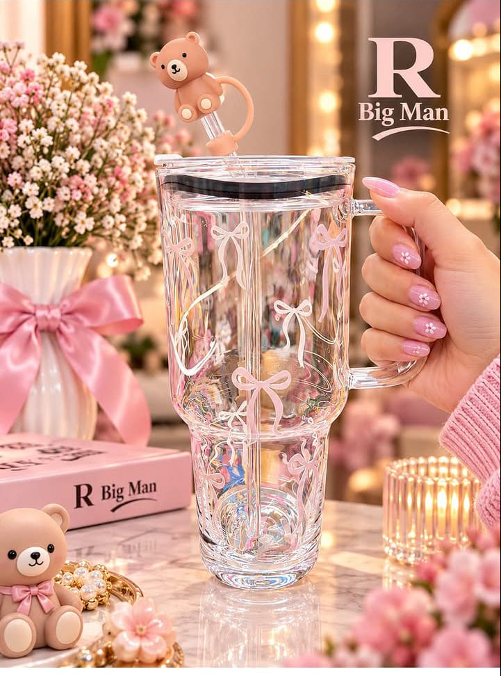 Premium Bow Design Glass Tumbler with Handle & Decorative Straw