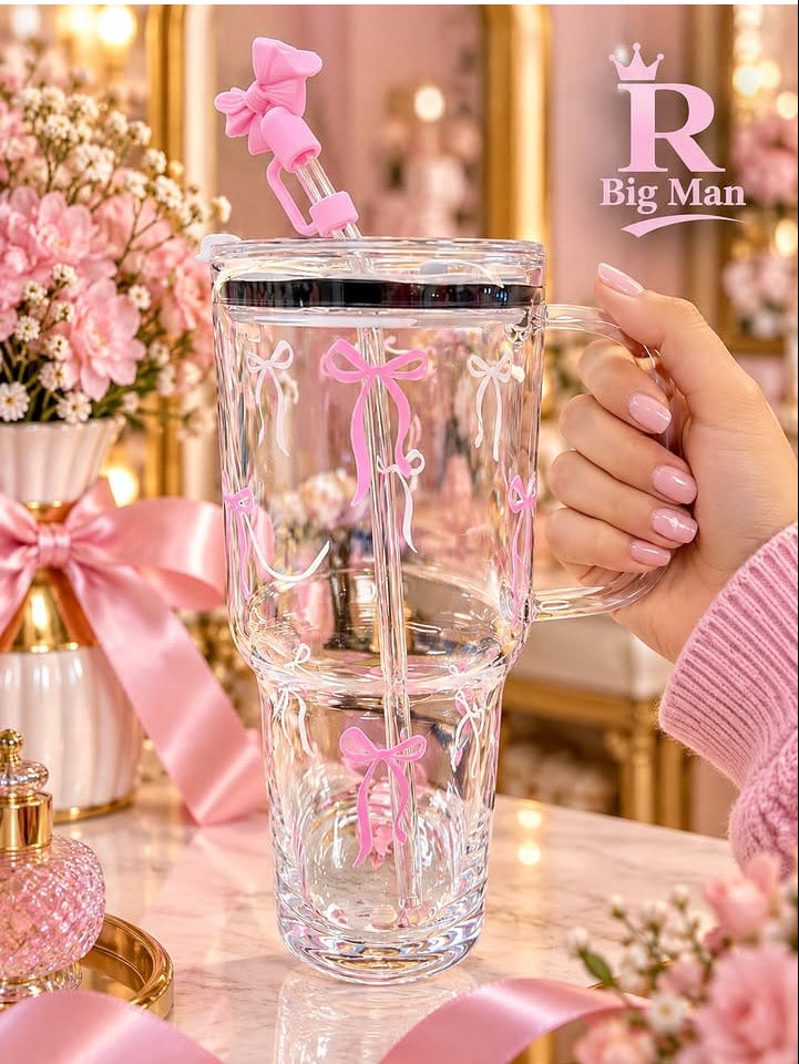 Premium Bow Design Glass Tumbler with Handle & Decorative Straw