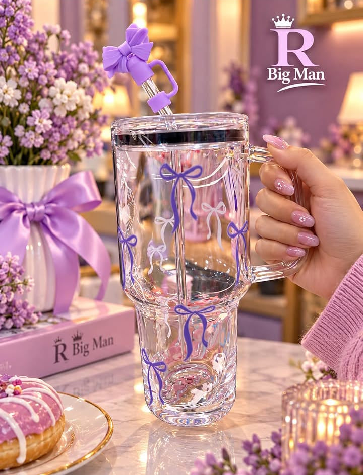 Premium Bow Design Glass Tumbler with Handle & Decorative Straw