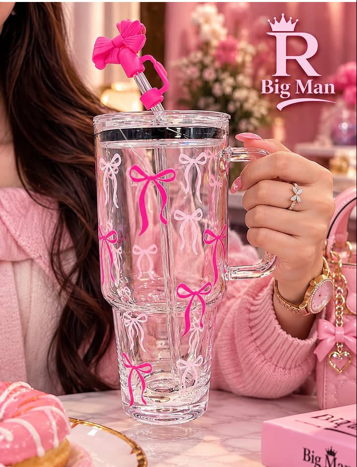 Premium Bow Design Glass Tumbler with Handle & Decorative Straw