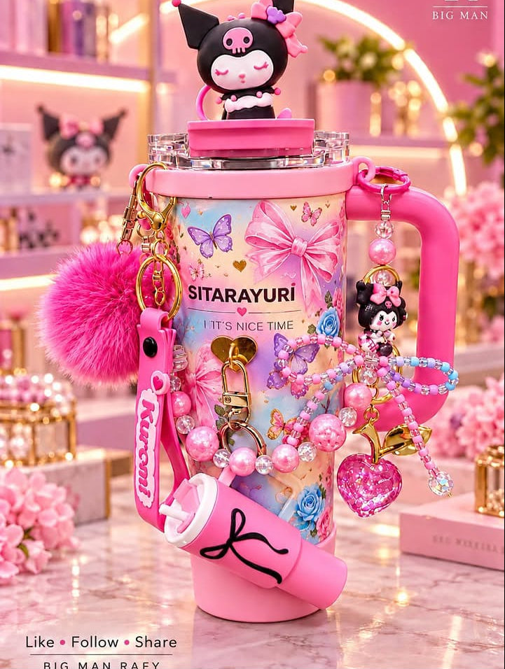 Sitarayuri Kuromi Pink Leak-Proof Stainless Steel Tumbler with Handle & Cute Accessories