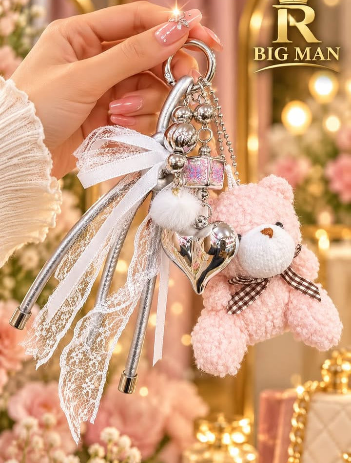 Cute Teddy Bear Keychain with Heart Charm