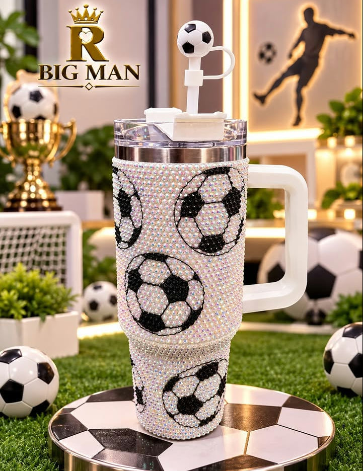 40 OZ Football Rhinestone Leak-Proof Tumbler with Handle and Soccer Ball Straw Topper