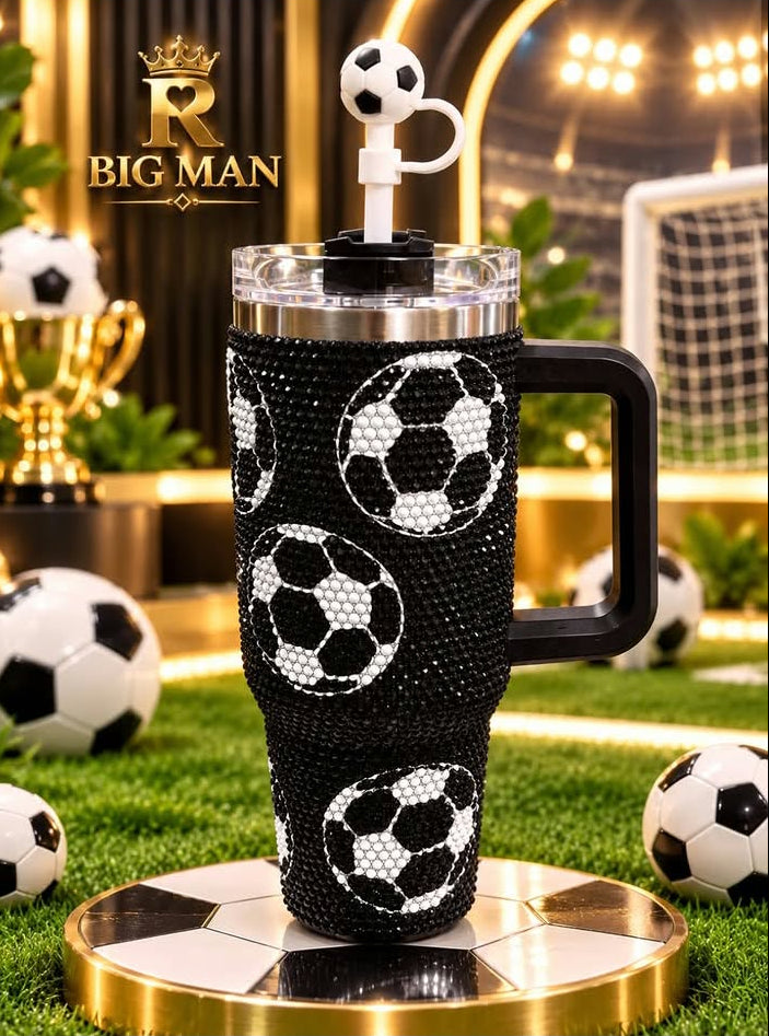 40 OZ Football Rhinestone Leak-Proof Tumbler with Handle and Soccer Ball Straw Topper