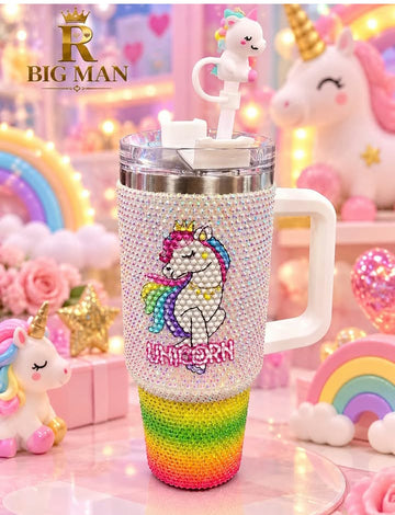 40 OZ Unicorn Rhinestone Tumbler with Handle and Unicorn Straw Topper