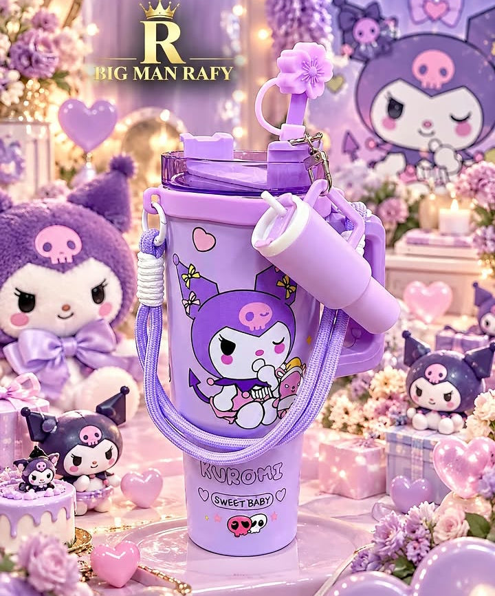 30 OZ Kuromi Purple Cartoon Tumbler with Handle, Shoulder Strap & Accessories