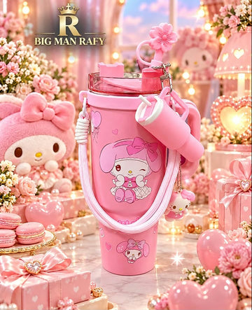 30 OZ Pink Cute Cartoon Tumbler with Handle, Shoulder Strap & Accessories