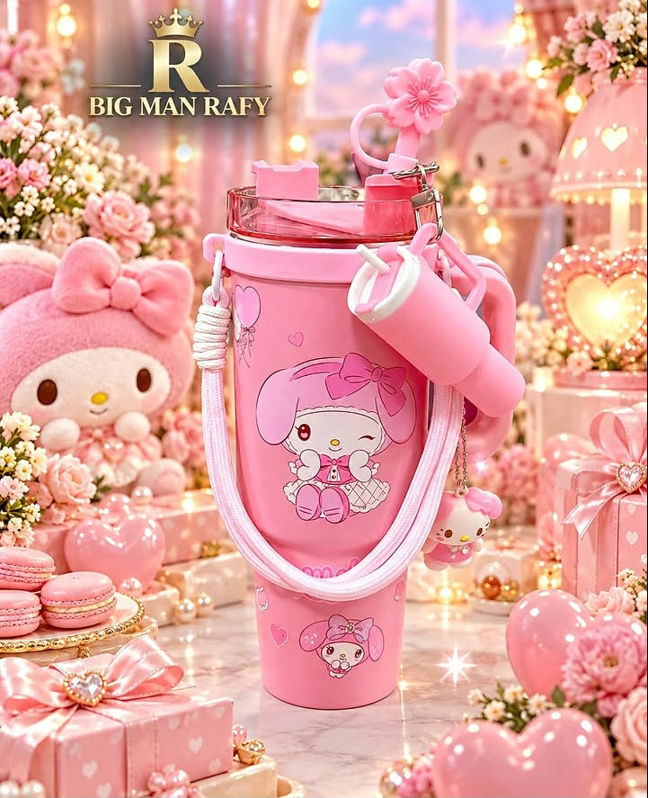 30 OZ Pink Cute Cartoon Tumbler with Handle, Shoulder Strap & Accessories