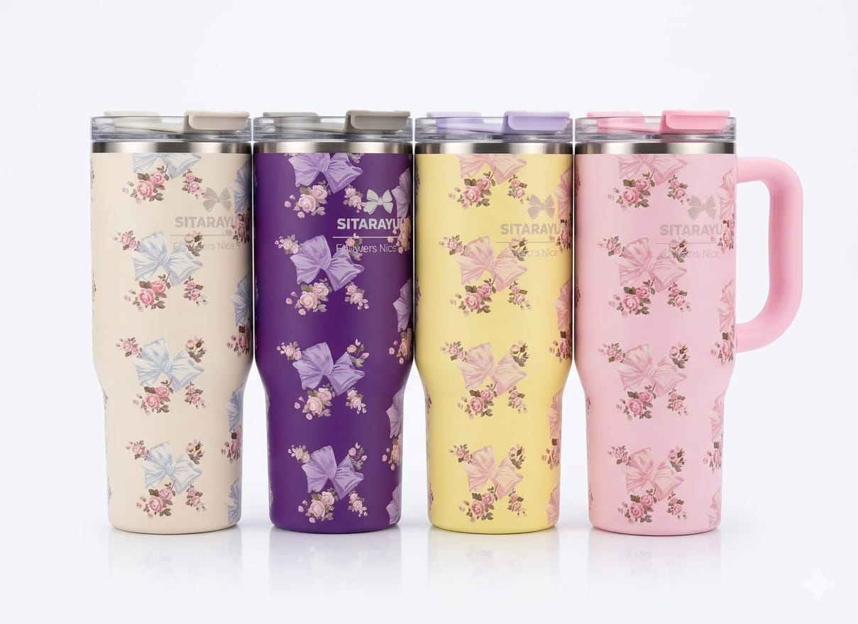 BIGMAN premium Sitaarayuri Floral Bow Tumbler – Premium Insulated Stainless Steel Travel Mug with Handle & Straw 30oz