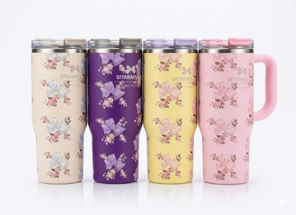 BIGMAN premium Sitaarayuri Floral Bow Tumbler – Premium Insulated Stainless Steel Travel Mug with Handle & Straw 30oz