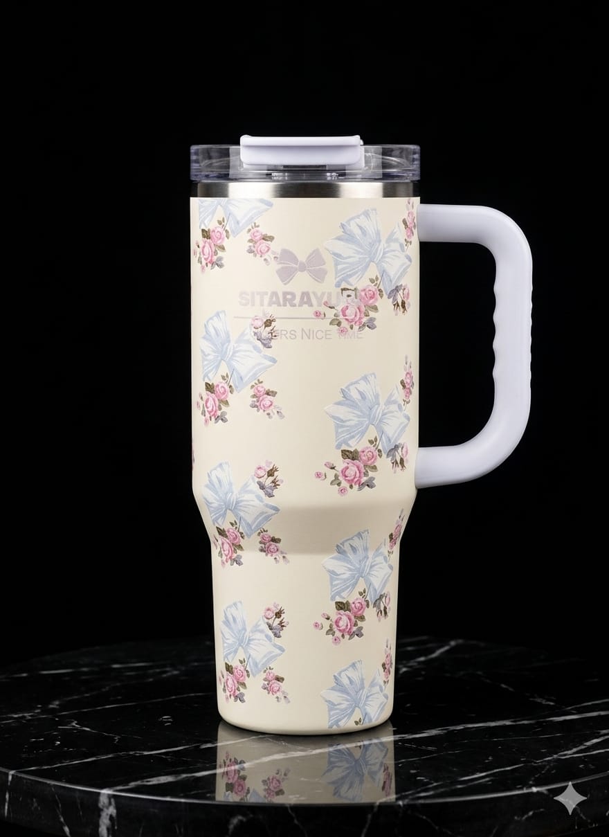 BIGMAN premium Sitaarayuri Floral Bow Tumbler – Premium Insulated Stainless Steel Travel Mug with Handle & Straw 30oz