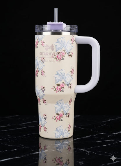 BIGMAN premium Sitaarayuri Floral Bow Tumbler – Premium Insulated Stainless Steel Travel Mug with Handle & Straw 30oz