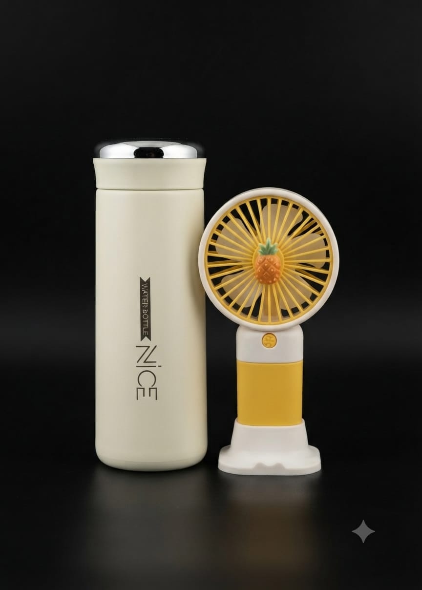 Bigman Insulated Stainless Steel Water Bottle & Portable Mini Fan Gift Set | Hot & Cold Combo