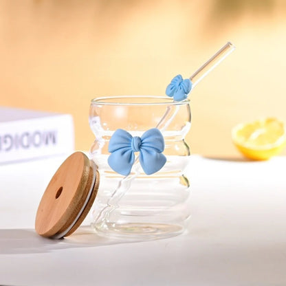 BIGMAN BowLuxe Glass Tumbler with Bamboo Lid & Straw – Cute Bow Design Aesthetic Drinking Cup, Reusable Clear Glass Coffee Cup for Iced Coffee, Juice, Smoothies, 400-500ml