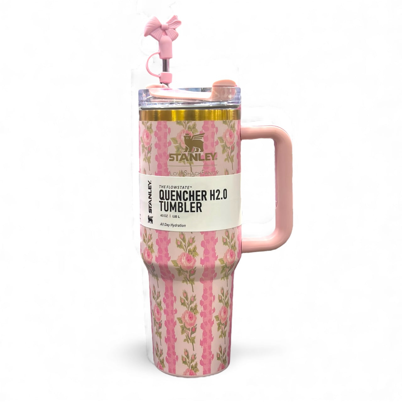 BIGMAN Pink Rose Stripe Stanley Quencher Tumbler 40oz