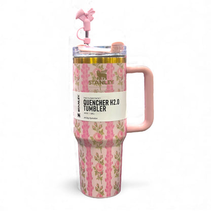 BIGMAN Pink Rose Stripe Stanley Quencher Tumbler 40oz