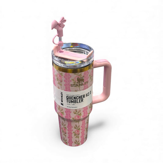 BIGMAN Pink Rose Stripe Stanley Quencher Tumbler 40oz