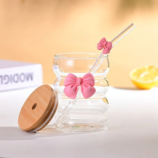 BIGMAN BowLuxe Glass Tumbler with Bamboo Lid & Straw – Cute Bow Design Aesthetic Drinking Cup, Reusable Clear Glass Coffee Cup for Iced Coffee, Juice, Smoothies, 400-500ml