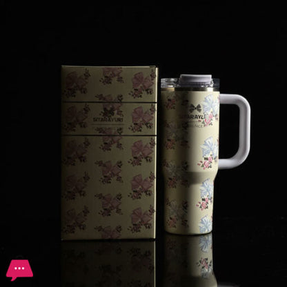 BIGMAN premium Sitaarayuri Floral Bow Tumbler – Premium Insulated Stainless Steel Travel Mug with Handle & Straw 30oz
