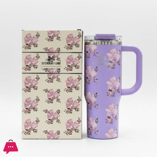 BIGMAN premium Sitaarayuri Floral Bow Tumbler – Premium Insulated Stainless Steel Travel Mug with Handle & Straw 30oz
